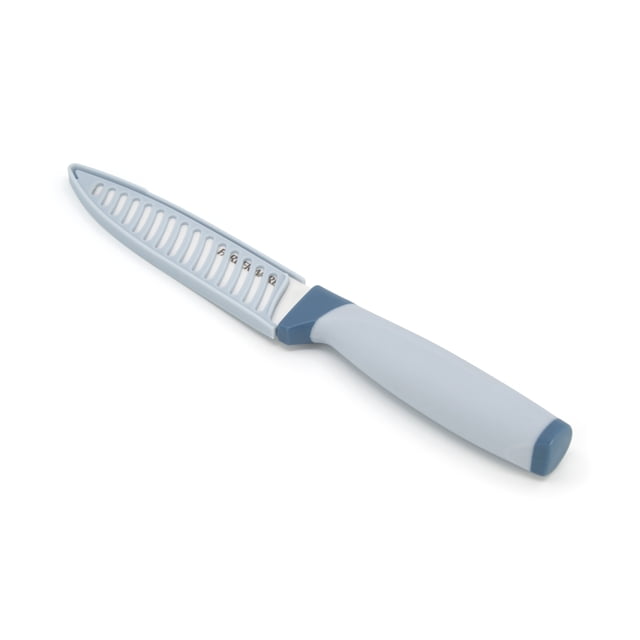 Farberware 5" Utility Ceramic Knife with Sheath in blue, featuring a ventilated ceramic blade that stays sharp longer and a soft-grip handle for comfort, displayed on a white background, suitable for cutting, slicing, and dicing with safe sheath storage.