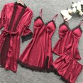 thumbnail image 3 of Penkiiy Ensemble de Peignoir en Soie Simulée 4 Pcs Lingerie Femme Peignoir en Soie Dentelle Robe de Nuit Nuisette Ensemble de Pyjama m Rouge, 3 of 5