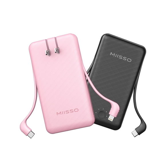 miisso Ultra Slim 10000mAh Power Bank Built-in Cables and Foldable AC Wall Plug, Pocket Size USB C Portable Charger, External Battery Pack Compatible