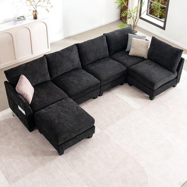 Canapé Sectionnel Modulaire de 124 Pouces, Canapé Sectionnel en U 6 Places avec Ottomane de Rangement et Ports USB, Noir