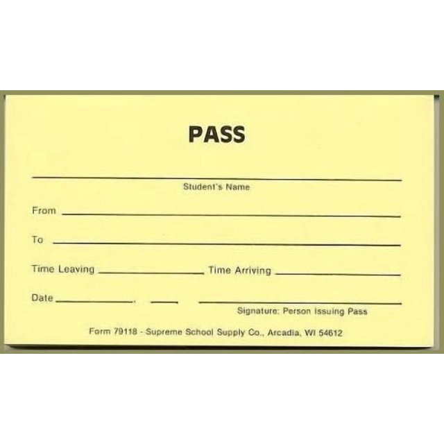 Student Passes (79118) - Lot de 10 par Supreme School Supply. Chaque Passe Mesure 5 Pouces par 3 Pouces et Présente un Motif de stock Jaune avec des Champs pour le Nom de l'Étudiant, l'Heure, la date et la signature. Comprend 100 Feuilles par Bloc, avec 10 Blocs au total.
