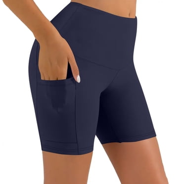 Plebaso Women's Yoga Shorts with Pockets High Waist Stretch Leggings Shorts Plain Running Biker Shorts