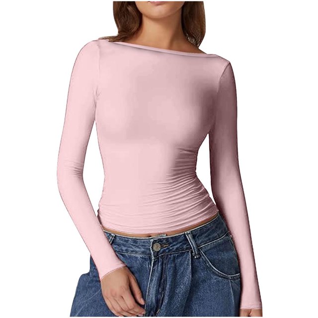 Dealovy Womens Long Sleeve Shirts Round Neck Slim Fitted Going out Tops Solid Color Basic Undershirts