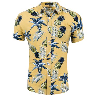 EGNMCR Summer Men's Cotton Plus Size Men's Short-sleeved Hawaiian Print Men's Shirt