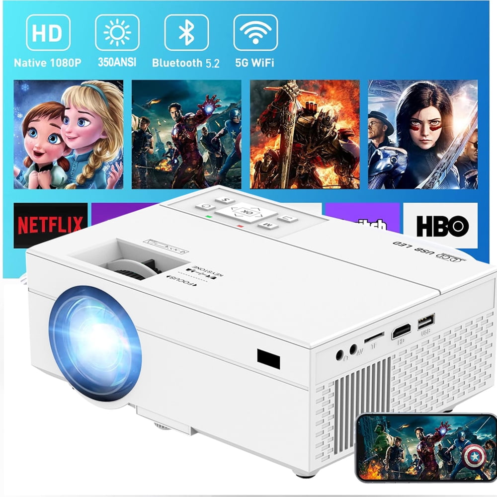 Portable 5G WiFi Projector with Bluetooth 5.2, 350ANSI 1080P HD Movie Projector, 4K 150'' Display Supported for Outdoor Movies Home Theater-White