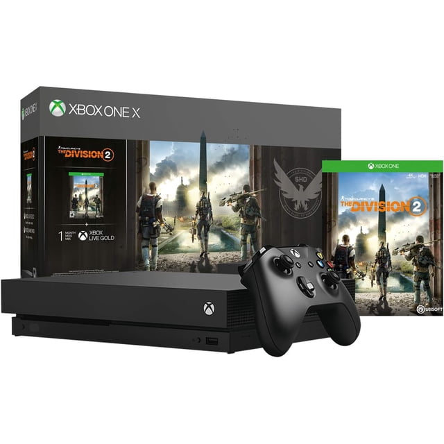 Refurbished Xbox One X 1TB Console bundled with Tom Clancy's The Division 2 game, featuring a sleek black design, wireless controller, and packaging showcasing the game's post-pandemic Washington, D.C. setting. Includes 1-month Xbox Live Gold and Xbox Game Pass trial, with true 4K gaming capabilities.