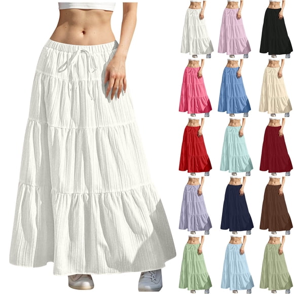 QATAINLAV Maxi Skirts for Women Summer Elastic High Waisted A-Line Long Skirt Flowy Tiered Ruffle Casual Boho Midi Skirts, Hot Pink, XL, Gifts for Girls