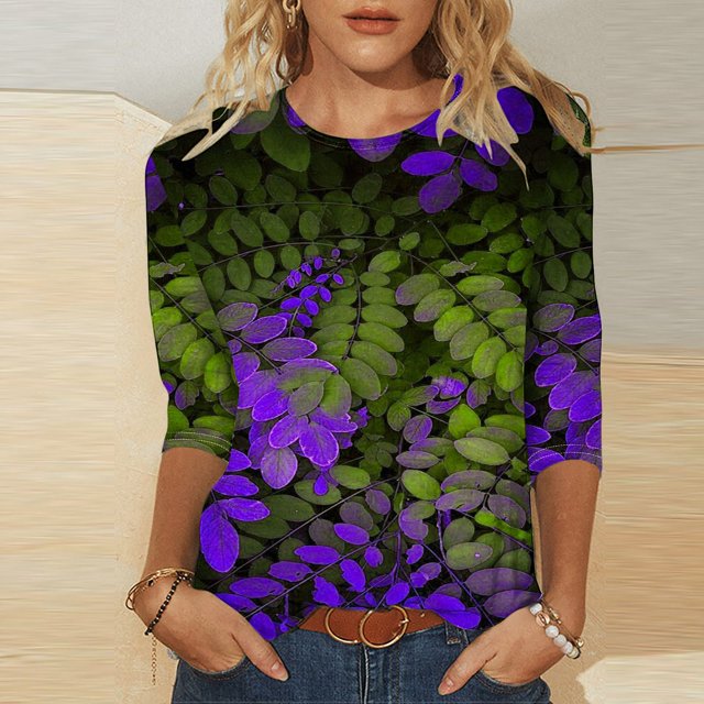 Xihbxyly Hauts pour Femmes Manches 3/4 T-shirt Imprimé de Mode pour Femmes Blouse à Manches 3/4 Col Rond Hauts Décontractés Articles en Liquidation