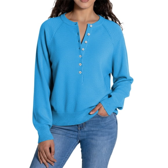 LUOGENLI Light Brown Sweaters for Women Elegant Knit Pullover Sweater with Button Detail and Sleeves for Casual Comfort Blue Size L