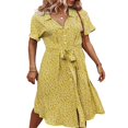 thumbnail image 3 of Femmes Bouton vers le Bas Midi Robe à Manches Courtes Imprimé Floral Ceinture en Vrac Robe Chemise Jaune M, 3 of 8