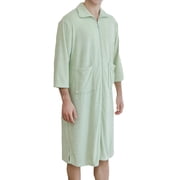 ShomPort Towel Bathrobes for Mens 3/4 Sleeve Fleece Turn Down Zip Up Long Robes with Pockets Soft Breathable Sleepwear with Pockets