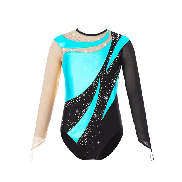 Moggemol Kids Girls Gymnastic Leotard Long Sleeve Metallic Rhinestone Dance Skating Unitard Bodysuit Turquoise 14
