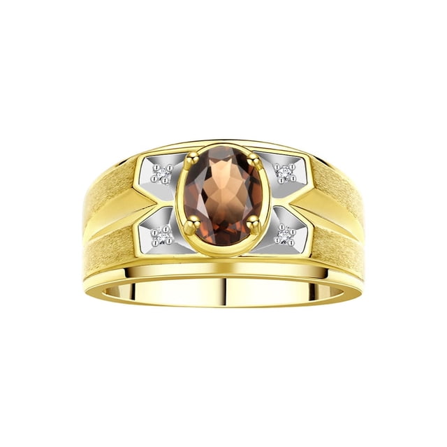 RYLOS Men's Rings Yellow Gold Plated Silver Rings Classic Designer Style 8X6MM Gemstone & Diamond Ring Smoky Quartz June Birthstone Rings For Men Size 13