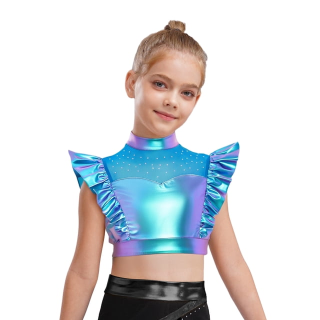 Hansber Hauts Courts à Volants pour Filles, Patchwork en Maille Brillante, Danse de Rue Hip Hop, Costume de Performance Bleu 6