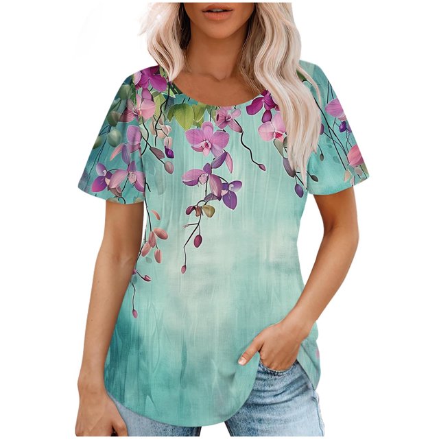 Hauts d'Été à Manches Courtes Femme Mode 2024 Blouses Plissées Chic Décontractées Col Rond T-Shirts de Couleur Unie (Moyen, Bleu 06)