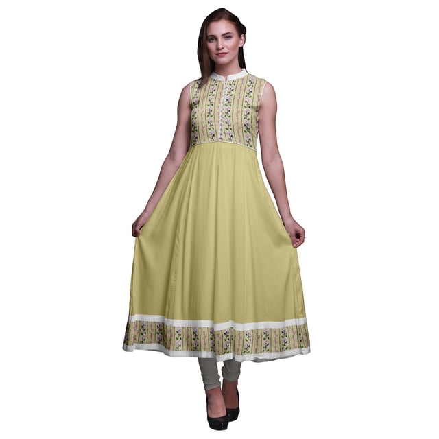 Bimba Kurti Longue Indienne Beige à Fleurs pour Femmes Tenue de Fête Imprimée Sans Manches Robe Anarkali Kurti X-Small