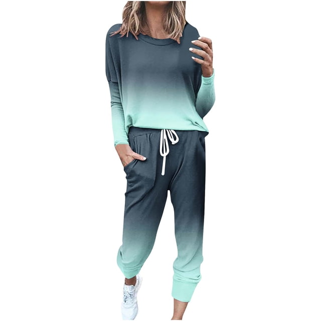 Yuyuzo Women's Fall 2 Piece Outfit Patchwork Color-Block Long Sleeve Tops and Cinch Bottom Pants Lounge Sets