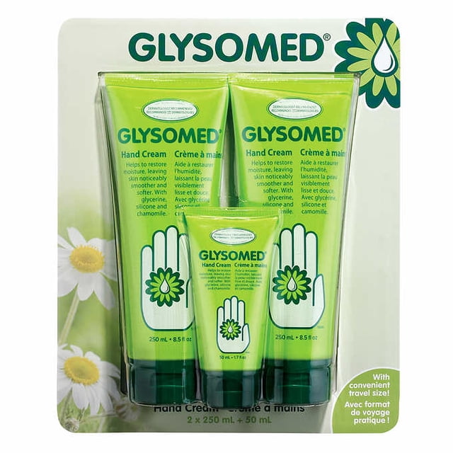 Glysomed Hand Cream, 3-pack, featuring two 250 mL tubes and one 50 mL travel-size tube, with a total of 550 mL. The cream is enriched with chamomile and glycerin to soften, smooth, and renew skin. The packaging highlights the product's moisturizing benefits and includes a floral design with chamomile imagery.