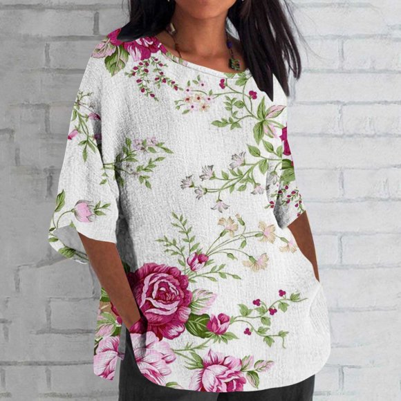 FcBaudy Womens Tops, Shirts for Women, Short Sleeve Round-Neck Blouses & Shirts Women's Ladies Fashion Casual Cropped 3/4 Sleeve Printed Loose Shirt Blouse Top Women Blouse
