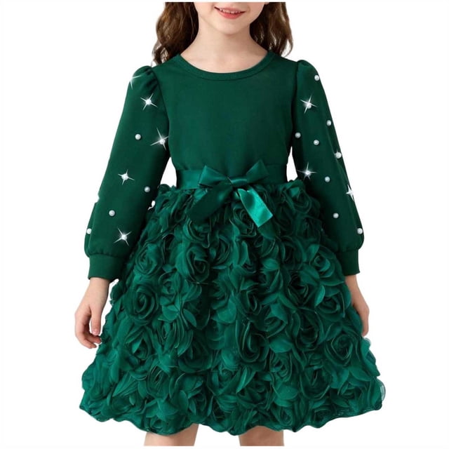 EGNMCR Longues Robe à Manches à Col Rond pour Enfants, Couleur Unie, Robe à Col Rond à Manches Longues pour Filles, Jupe Décontractée et Confortable en Tulle avec Nœud, Robe en Polyester pour Fille