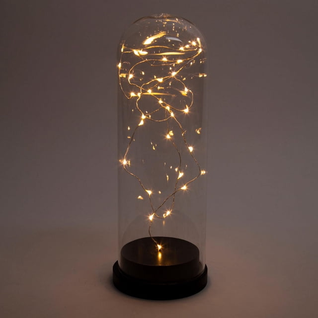 Truu Design Belles et Élégantes Lumières à DEL en Forme de Cloche en Pot avec un Dôme en Verre Transparent et une Guirlande Tourbillonnante de Lumières DEL Blanc Chaud à l'Intérieur, Montées sur une base Ronde Noire, Mesurant 4 Pouces de Diamètre par 11 Pouces de Hauteur, Adaptées à l'Éclairage Décoratif et d'Ambiance Intérieur.