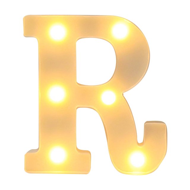Light Up Letters LED Bar Lights & Signs featuring a warm white illuminated letter 'R' made of durable white plastic. This novelty lighting piece is designed for wall hanging or standing, ideal for indoor use in homes, shop windows, clubs, parties, and holiday decorations. Powered by 2 AA batteries (not included).