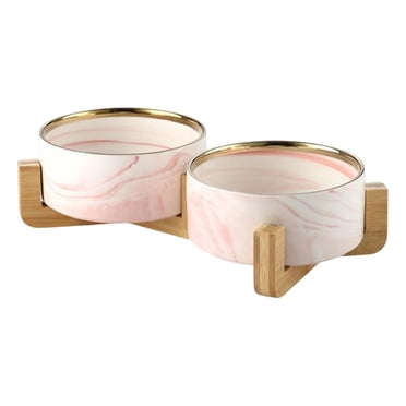 Bols pour Chat et Chien en Céramique, Bol Surélevé pour Nourriture avec Support en Bois, Bol Rond Surélevé pour Animal de Compagnie, Facile à Nettoyer (Motif Marbre), Double Bol