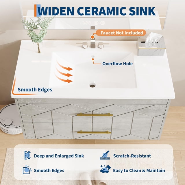 Modern Floating Bathroom Vanity Set – 36 Inch Wall Mounted Cabinet with 2 Large Soft-Close Drawers, Gold Handles, Ceramic basin, Easy Assembly – Grey, 36 inches