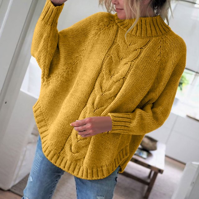 EGNMCR Chandail à Col Roulé pour Femmes, Chandails pour Femmes Chandail pour Femmes et Hiver Nouveau Ample à Manches de Poupée Chandail Tricoté Uni Demi-Col Roulé Chandail pour Femmes