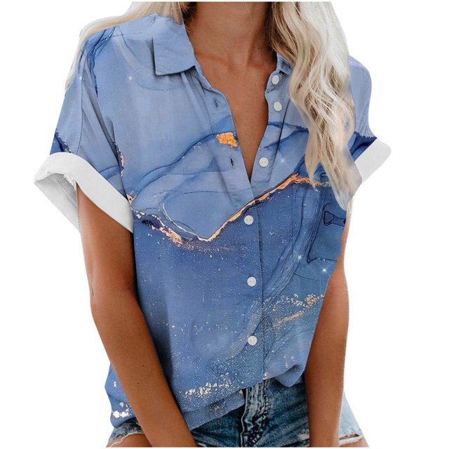 Pompotops Chemisier Décontracté à Revers pour Femme, Manches Courtes, Imprimé, Chemise Ample, Hauts, Boutons, Cardigan, Liquidation