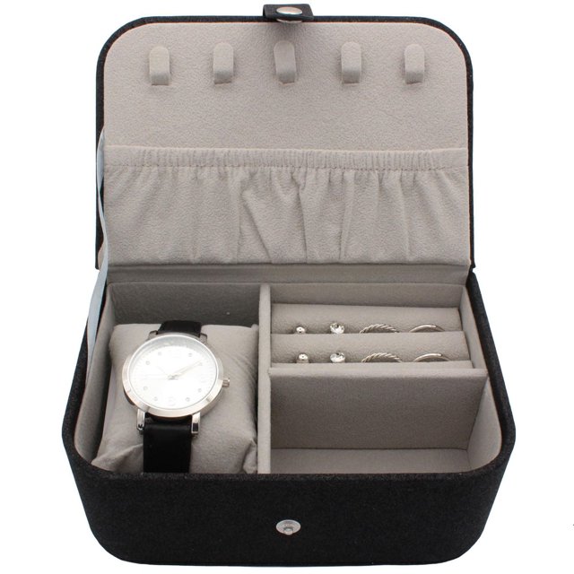 Luxury Jewelry and Watch Storage Box – Elegant & Functional with a black exterior and light gray velvet interior, featuring compartments for a wristwatch on a cushioned pillow, multiple pairs of earrings, rings, hooks, and an elastic pocket inside the lid for organized jewelry storage.