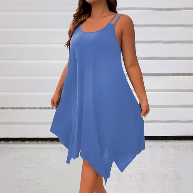 Ounisa Robe Camisole Midi Fluide Sans Manches à Encolure Dégagée et Ourlet Asymétrique pour Femme Grande Taille