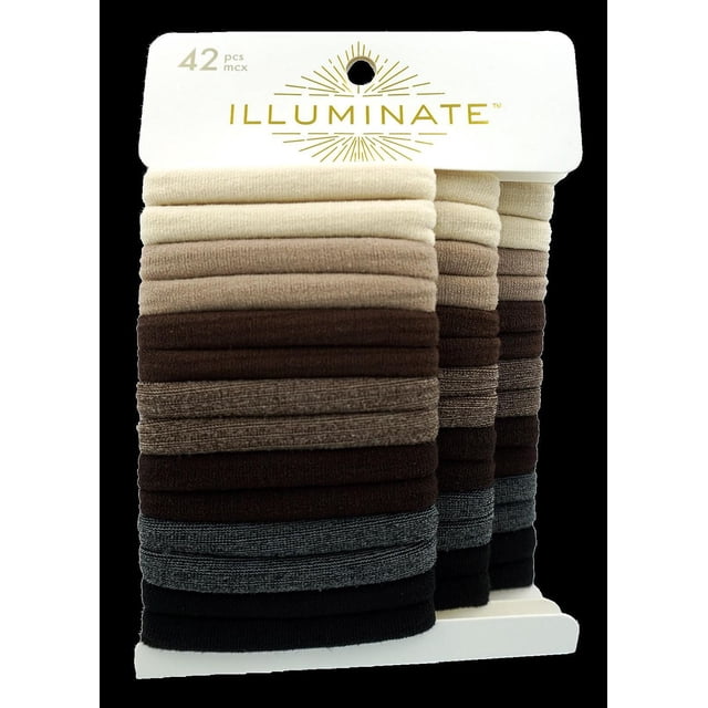 Illuminate Ponyholders elastics 42-piece set of nylon terry hair ties in neutral tones of beige, brown, nude, grey, and black on a white card with gold Illuminate logo, designed for comfortable, secure hair hold and often used for organizing small items.