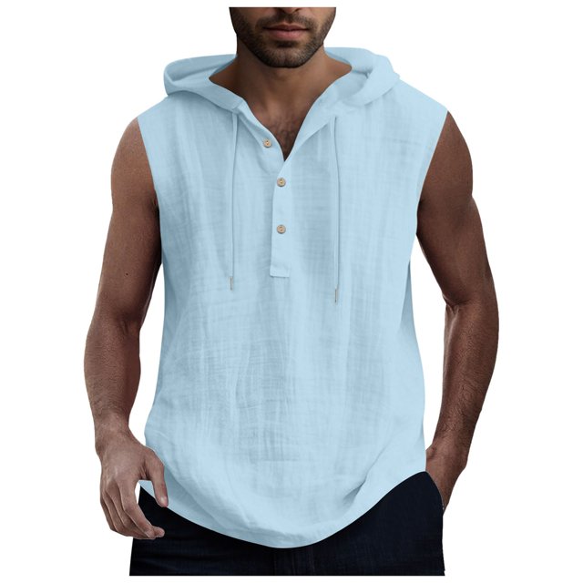 Qopobobo Mens Muscle Shirts Tank Top Mens Solid Color Simple Csual Fashion Drawstring Button Hooded Vest Top Light Blue,S
