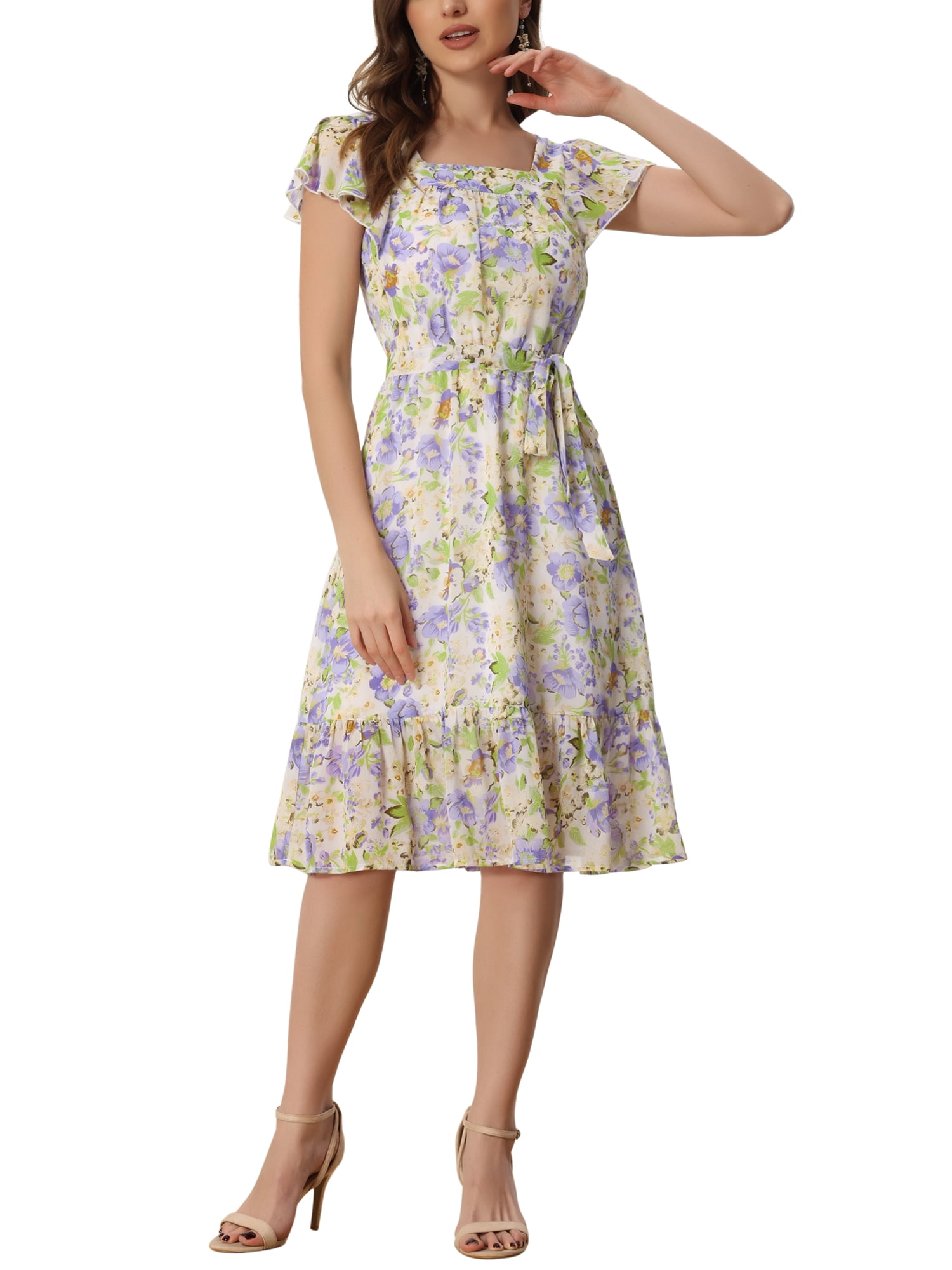 INSPIRE CHIC Women's Dress Floral Square Neck Flutter Cap Sleeves Ruffled Midi Wedding Guest Dress XL Light Purple