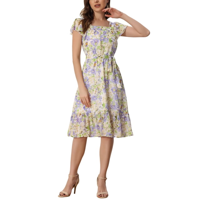 INSPIRE CHIC Robe pour Femme Florale à Encolure Carrée, Manches Volantées Style Cap, Midi à Volants, Robe d'Invitée de Mariage TG Violet Pâle