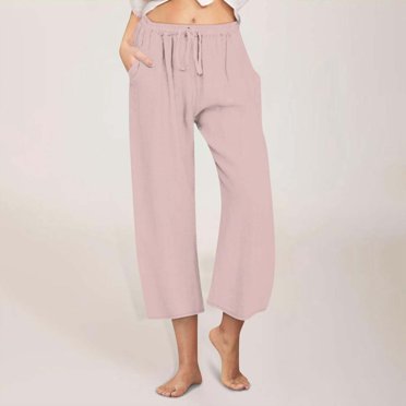 Jsaierl Pantalons Capri pour Femmes Décontractés Été 2024 avec Cordon de Serrage Taille Haute Élastique en Lin Grande Taille Jambes Larges