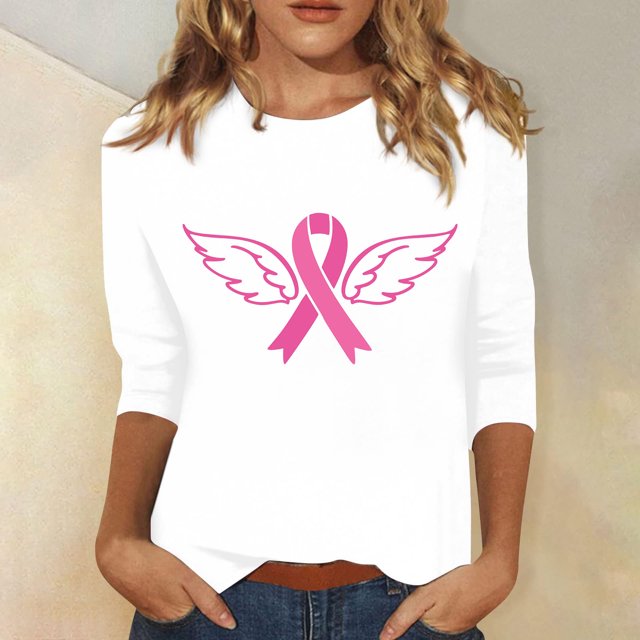 Jsaierl Pink Ribbon Graphic Tops for Women Breast Cancer Shirts 3/4 Sleeve Crew Neck Pullover Fight Cancer Tees In October Blouses