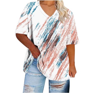 yoeyez Jolis Hauts d'Été pour Femmes Grande Taille à Blocs de Couleur Patchwork Imprimé T-Shirts Amples à Manches Courtes Col en V Blouses T-Shirts Femmes T-Shirts d'Entraînement Blanc,P