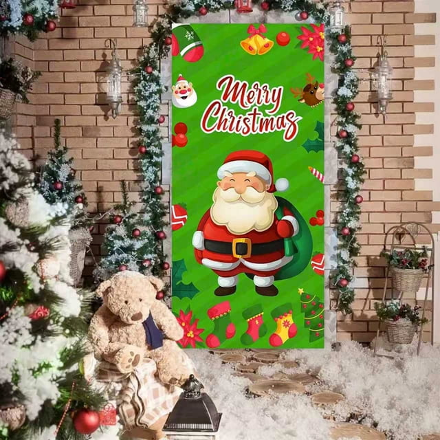 Christmas Door Curtain Outdoor Decor Santa Claus and Puppy Scene Hanging Fabric Backdrop for Front Door Entryway Party Photo Background 72.8x35.4 Inch Polyester Indoor Home Decoration