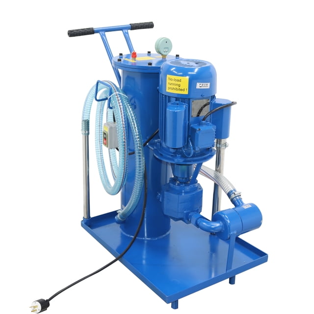 Hydraulic Oil Filter Cart Movable Oil Purifier Filtration Machine 220V by Preasion, designed for industrial hydraulic oil purification. Features a durable blue push-cart frame, 1500W motor, pressure gauge, and PVC hoses for efficient filtration. Offers fine filtration precision of 3 microns and versatile applications for hydraulic systems. Includes bold PVC pipelines and sturdy construction for mobility.