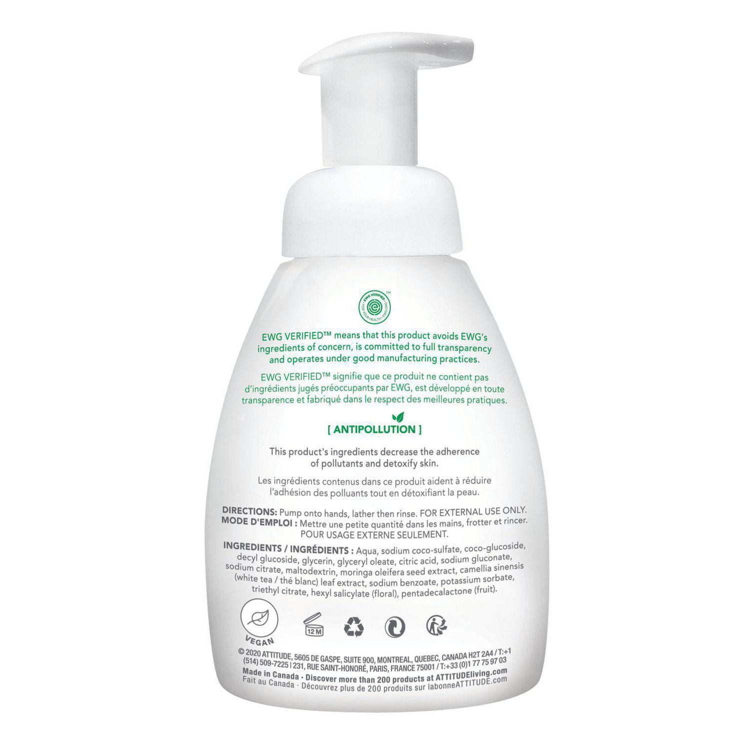 ATTITUDE super leaves, Savon à Mains Moussant, Feuilles de Thé Blanc, 295 mL