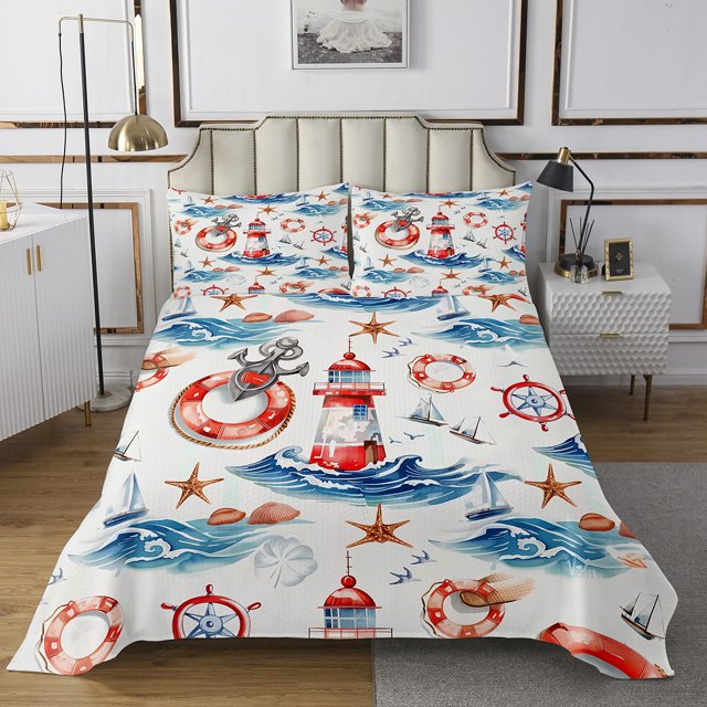 Erosebridal Nautical Coverlet Set Twin, Anchor Compass Bedding Set, Lighthouse Room Decor, 2pcs