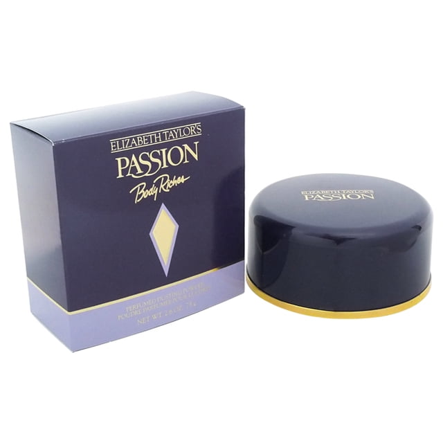 Passion by Elizabeth Taylor for Women - 2.6 oz Perfumed Dusting Powder. The image shows a purple box with gold accents and the product name 'Passion Body Radiance' prominently displayed, alongside a matching round container with a gold base. This body powder features an oriental woody fragrance with jasmine and vanilla, ideal for evening wear.