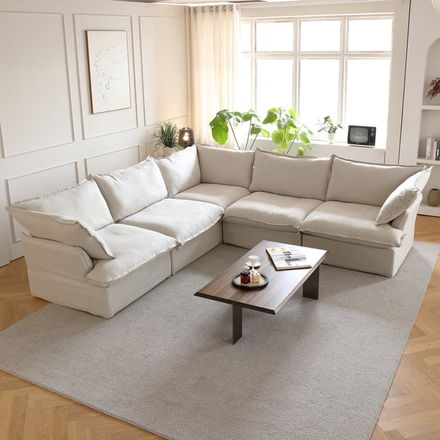 Sodrens Canapé Sectionnel Modulaire, Canapé d'Angle Moderne en Tissu de Lin à Combinaison Libre, Canapé 5 Places pour Salon, Beige