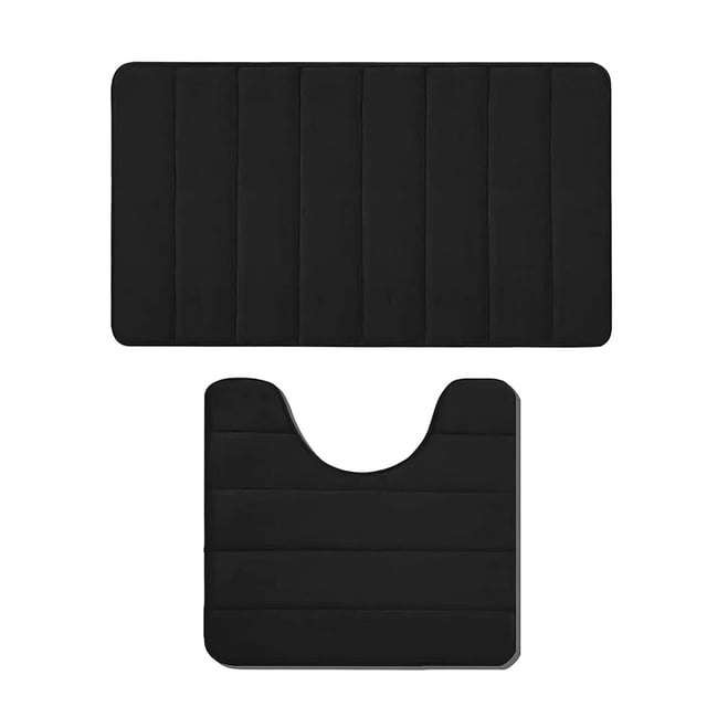 Zanvin Bathroom Accessories Memory Foam Bath Mat Set featuring two black mats, including a 24x16 inch rectangular bath mat and a 20x16 inch U-shaped toilet mat. Made of velvet fleece with memory foam and a non-slip rubber backing, these mats are soft, water-absorbent, and machine washable. Ideal for modern bathroom decor and practical use.