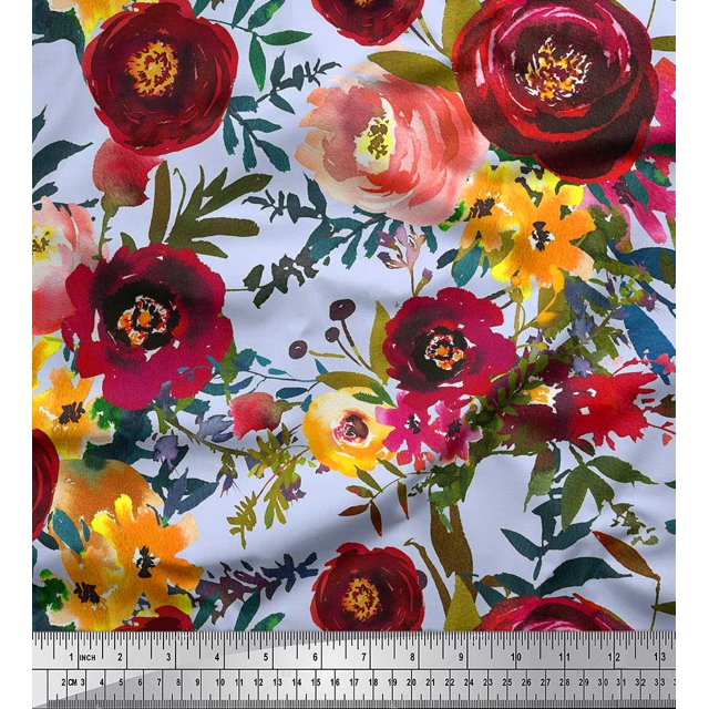Soimoi Green polyester Crepe Fabric Leaves & Pink Floral Print Fabric by Yard 52 Inch Wide
