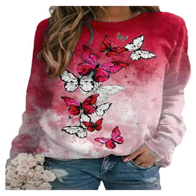 QJUHUNG Sweat-Shirt Décontracté à Manches Longues pour Femmes Papillon Imprimé Graphique Floral Pull Léger