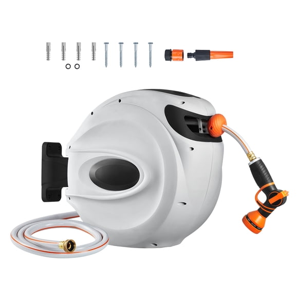 KFFKFF Auto-Retracting Hose Holder,65 ft x 5/8 inch,Wall-Attachable 180° Pivot Bracket, 9-Setting Spray Nozzle, Self-Winding,Adjustable Length Lock,Gradual Retraction Mechanism