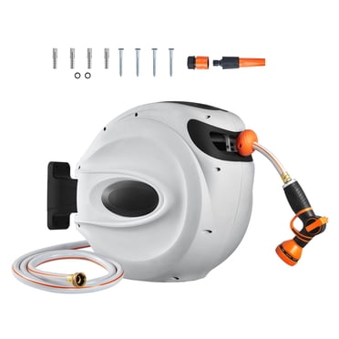 KFFKFF Support de Boyau Auto-Rétractant, 65 Pi x 5/8 Po, Support Pivotant à 180° Fixable au Mur, Buse de Pulvérisation à 9 Réglages, Auto-Enroulement, Verrouillage de Longueur Réglable, Mécanisme de Rétraction Progressive
